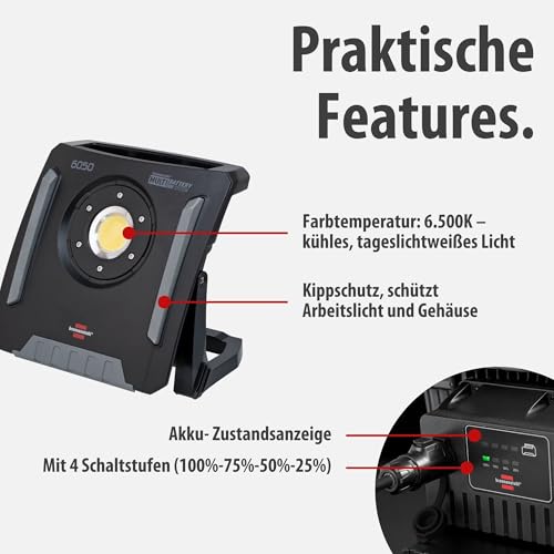 Brennenstuhl Professional Multi Battery LED Hybrid Baustrahler 6050 MH (60W, 6200lm, IP65, LED Baustrahler kompatibel mit 18V Akkus 11 verschiedener Hersteller, 5m, ohne Akku, Engineered in Germany)