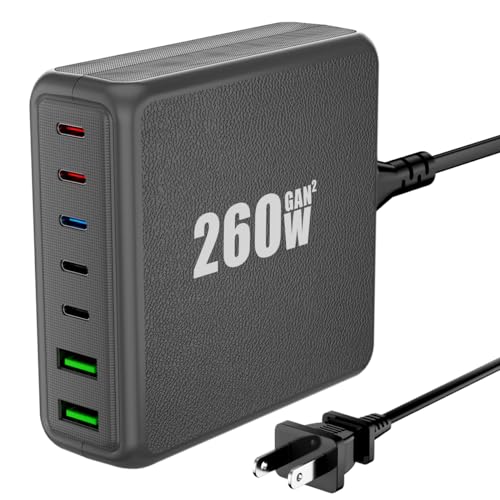 USB C Charger, 260W 7-Port Desktop USB C Charging Station, 2x65W Ports USB C Laptop Charger Compatible with MacBook Pro/Air, iPad Series,iPhone 14/13/Mini/Pro/13Pro Max/12, Galaxy