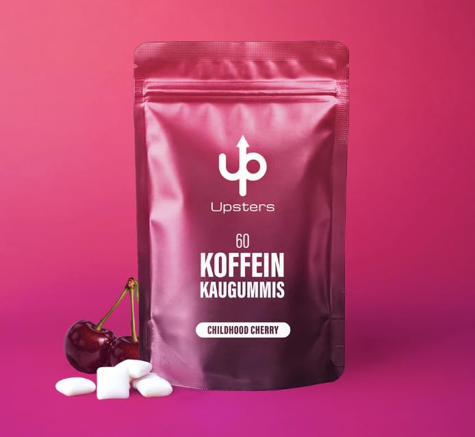 Upsters Koffein Kaugummi mit Guarana Vitamin B6 & 52mg Koffein | Zuckerfrei & vegan | Energy Kaugummi für Fokus Konzentration & Wachheit | 60 Stück | Geschmack: Childhood Cherry (Kirsche)