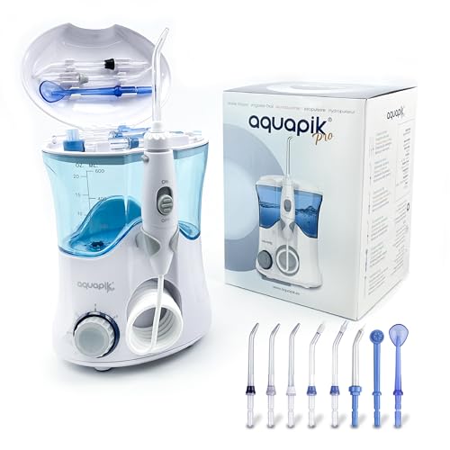 Aquapik PRO, Irrigador Dental Profesional. 8 Boquillas multifuncionales. 10 Niveles de Potencia. Capacidad 600 ml. Recomendado por dentistas. Cuida tus Implantes y Ortodoncia. Irrigador Bucal