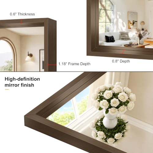 Image of Bathroom Mirror, 24 x 24 inch Walnut Wood Grain Colored Aluminum Metal Frame Bathroom Vanity Mirror, Square Wall Mirror for Bedroom Living Room, Tempered Glass, Anti-Rust