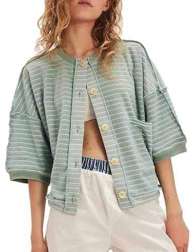 Women’s Y2K Striped Cardigan Sweatshirt 3/4 Sleeve Button Down Cardigans Lightweight Summer Tops Trendy