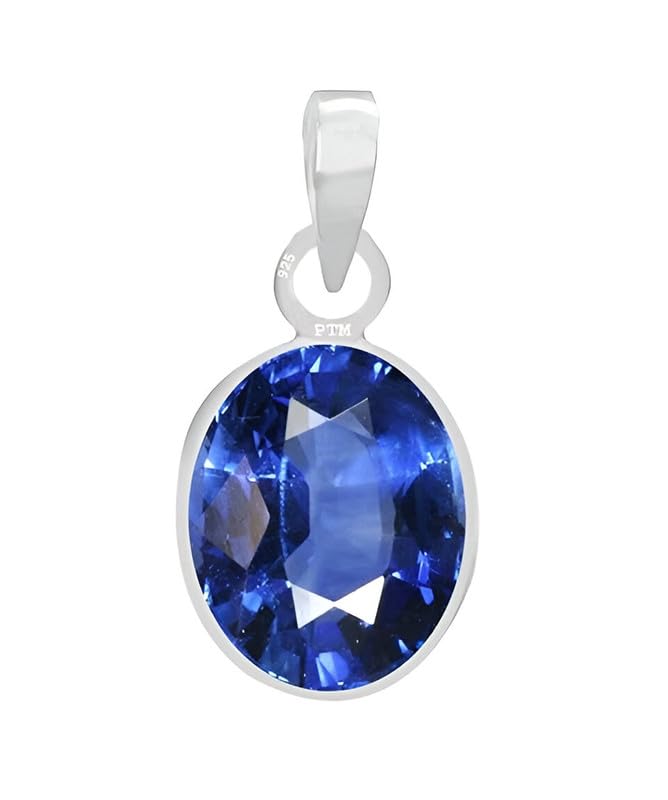 Ptm Natural Blue Sapphire/Neelam 3.25 to 10.25 Ratti or 3.00 to 9.50 Carat Astrological Certified Gemstone bis Hallmark 925 Sterling Silver Pendant for Men & Women