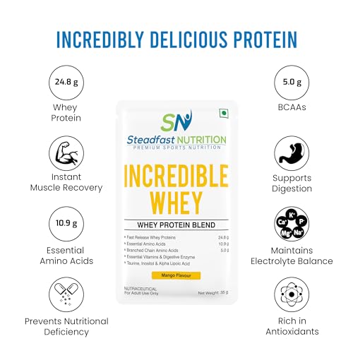 Steadfast Nutrition Incredible Whey Protein| Isolate and Concentrate Fast release Protein Powder for Men and Women No added preservatives (Mango, 6 Sachets)