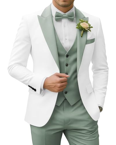 SPTALLFITJSV Dusty Green and White Suits for Men Mens Prom Suit 3 Pieces Slim Fit Groomsmen Grooms Suits for Wedding 2026 Christmas Suit