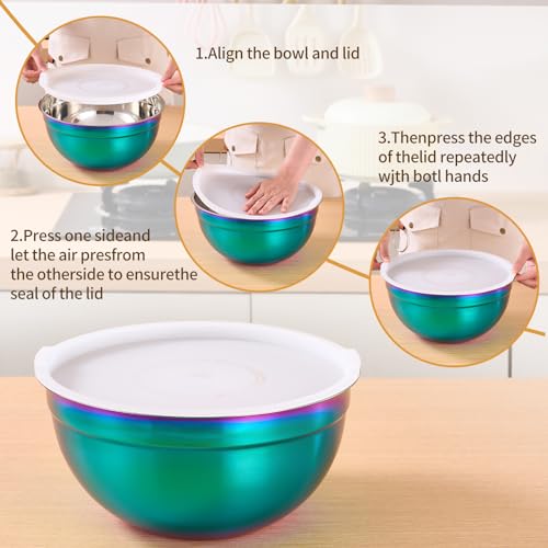 Onlycooker Rainbow Mixing Bowls With Airtight Lids,Stainless Steel Bowl,Salad Bowls 5 Piece Colorful Nesting Bowl Rainbow Kitchen Accessories,Size 5.5,3.6,2.7,2.1,1.5,QT Stackable Design by Onlycooker - Image 3