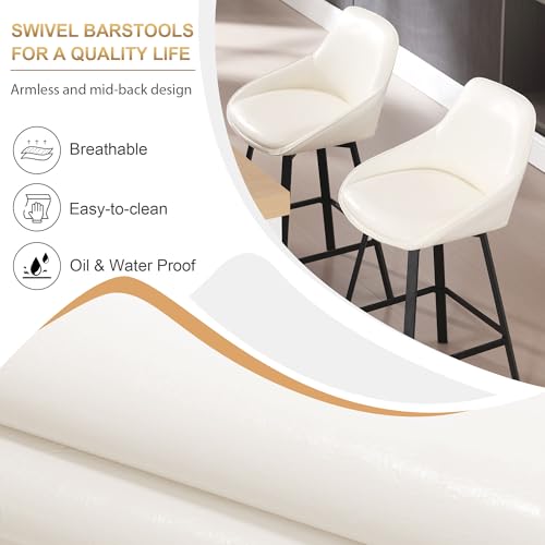 Image of Zesthouse Swivel Counter Height Stools Set of 2, Modern Upholstered Barstools with Backs, 26'' Faux Leather High Chairs for Island Kitchen, Counter Height Chairs with Metal Legs, White