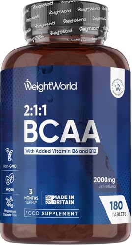 BCAA Comprimés 2:1:1 Vegan 2000mg, avec Vitamine B6 et B12 – 3 Mois de Stock – Seulement 2 Comprimés Sécables par Jour, Acides Aminés 180 Tablets –...