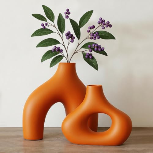 Image of PUREZENTO Abstract Orange Ceramic Donut Vase 5.4 & 7.7 Inch - Set of 2 | Decorative Unique Modern Vase for Dried Flowers & Pampas Grass | Vases for Modern Home Decor, Living Room, Office Decor Ideas