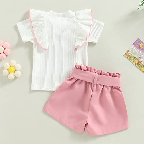 Toddler Baby Girl Summer Clothes Short Sleeve Ribbed Ruffled Bowknot T-Shirt High Waist Shorts With Belt Set (White Pink, 18-24 Months) #TOP2