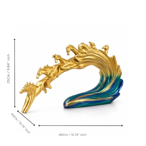 Image of eCraftIndia Golden Running Horse Family Showpiece for Home Decor | Abstract Horse Sculpture with Blue Wave Base | Decorative Figurine for Living Room, Office Table & Gifting