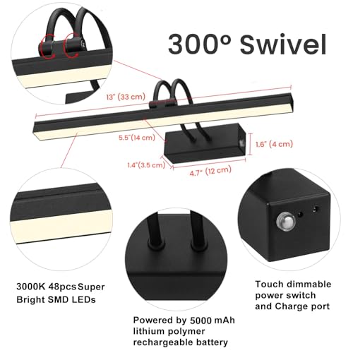 FUNCHDAY Picture Light Rechargeable, Wireless Picture Lights for Wall with Remote, 280LM Dimmable Timer Set Gallery Light, 13inch Metal Battery Operated Art Lighting for Paintings,Frame (Black)
