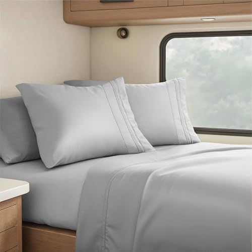 Image of Nestl Light Grey Short Queen Sheets for RV, Hotel Luxury RV Queen Sheets Set, 4 Piece Fitted Bed Sheet Set and Pillowcases, Super Soft, Wrinkle-Free, and Breathable Camper Bedding