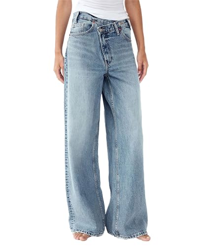 Owl's-Yard Women's Y2k Mid Rise Washed Baggy Jeans Crossover Wide Leg Loose Boyfriend Denim Pants Trousers with Pockets
