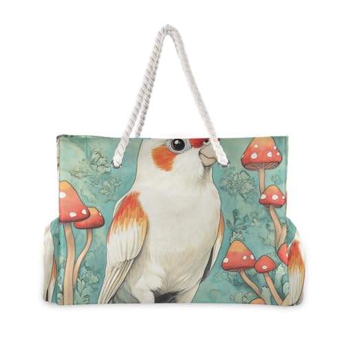 Cute Cartoon Cockatiel Mushroom Sandproof Women Tote Bags with side pocketes Bag With Zipper for Pool Gym Grocery Travel2