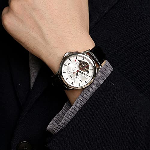 Time100 Mens Wrist Leather Strap Mechanical Self Wind Watches Navigator-Series Tourbillon-Style Automatic Watch for Men Medium black