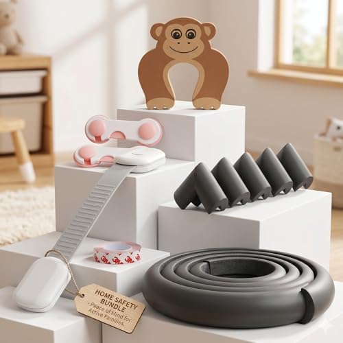 Image of Safe-O-Kid Kitchen Safety Combo | 1 Multipurpose Safety Lock, 2 Smiley-End Lock, 2M Edge Guard, 4 Corner Guard with 3M Adhesive Tape & 1 Monkey-Shaped Door Stopper | Child Safety Essential - Assorted