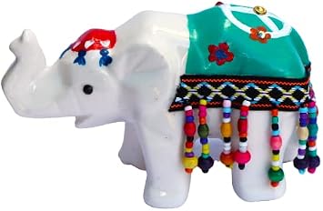 Small Ceramic Elephant Statue Figurine with Hand Painted Accents and Colorful Dangling Beads Boho Decor Bohemian Decorations