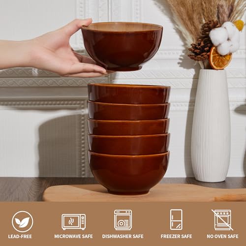 Image of Pokini Reactive Glaze Bowls Set of 6, Microwave and Dishwasher Safe Bowls, Stoneware Soup Bowls, Kitchen Bowl Set for Cereal Soup Rice Pasta Salad Oatmeal, Brown and Yellow
