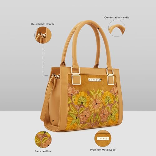 Image of Caprese Siji Tresna Small Tote Bag for Women with Multiple Pockets | Kashida Embroidery Shoulder Bag with Adjustable & Detachable Strap and Zipper Closure | Ideal for Work, Everyday Outings