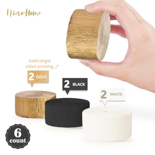 Image of NICROHOME EUR Black Gold Party Decorations, 6 Rolls Crepe Paper Party Streamers for Graduation, Wedding, Birthday, Black and Gold New Years Eve Party Decoration, 82Ft Long