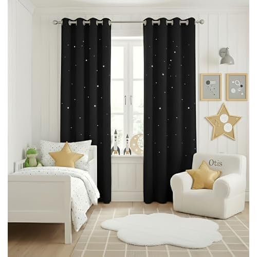 NICETOWN Kids Room Darkening Curtains - Laser Cutting Hollow Twinkle Stars Space Themed Thermal Insulated Blackout Drapes for Nursery and Bedroom Deco