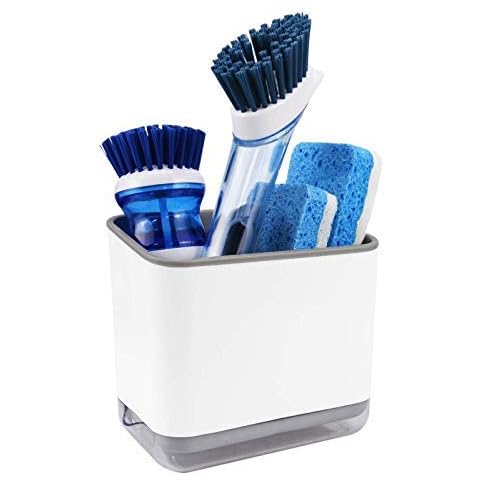 KeFanta Sink Counter Caddy, Dish Sponge Holder, Kitchen Sink Sponge and Brush Holder, Plastic Dish Scrubber Organizer with Drain Tray, White Cover
