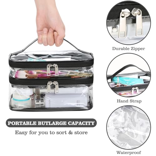 HAOGUAGUA Double Layer Clear Cosmetic Bag Makeup Bag, Waterproof Travel Toiletry Bag, Transparent PVC Pouch Organizer, Black-large, Double Layer Clear Cosmetic Bag