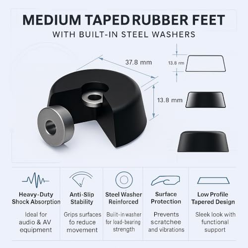 Image of Penn Elcom Medium Tapered Rubber Feet with Built‑in Steel Washers, Set of 12 | Heavy‑Duty Non‑Slip Shock‑Absorbing Rubber Bumpers for Audio & AV Gear (O 37.8 mm x H 13.8 mm)