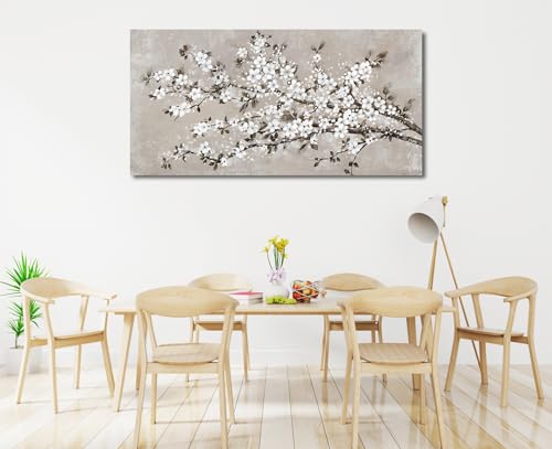 Image of VEAEE White Blossom Branches Wall Art, Floral Canvas Prints, Living Room Decor Abstract Flowers Painting Canvas Pictues, Contemporary Artwork Bedroom Office Kitchen Wall Decor Ready to Hang 24 inchx48 inch