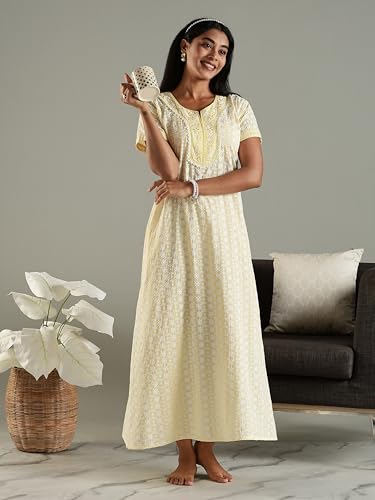 Image of 9shines Label Stylish Chikankari Cotton Nighty Maxi for Women | Full Length Nightgown | Nightdress with Pocket | Embroidery Nighty | Soft Comfortable Cotton Nightwear (1545)