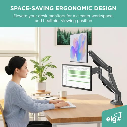 Image of ELG F160N Full 360 Swivel Dual Monitor Stand for Desk,Gas Spring Monitor Arms for 2 Screens 17 inchto 35''(9Kg Load for Each) Adjustable Double Monitors Mount,VESA Mount with C-Clamp &Grommet Base,Black
