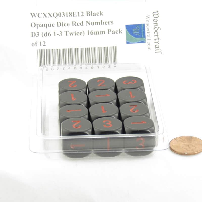 Black Opaque Dice with Red Numbers D3 (d6 1-3 Twice) 16mm (5/8in) Pack of 12 Wondertrail