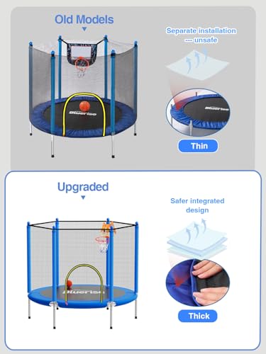 Image of BLUERISE 55IN 6FT Indoor /Outdoor Toddler Trampoline for Kids | Galvanized Steel Pipe，Multiple Activity Accessories，110lb，Safety Enclosure，Basketball Hoop，No-Gap Design，Anti-Rollover Bottom