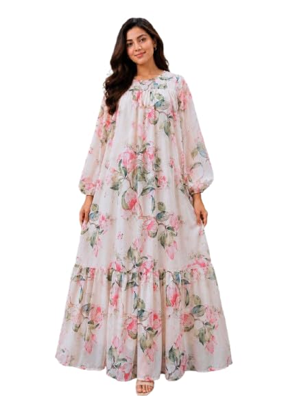 Georgette Fabric with Crepe Lining for no Transparency Frill Pattern Gown Floral Print with Elastic Cuffs Puff Sleeve Pattern Gown-image-48