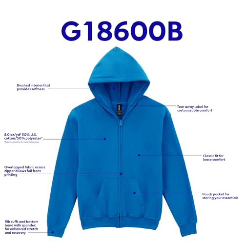 Gildan Kids' Full Zip Hoodie Sweatshirt, Style G18600B4