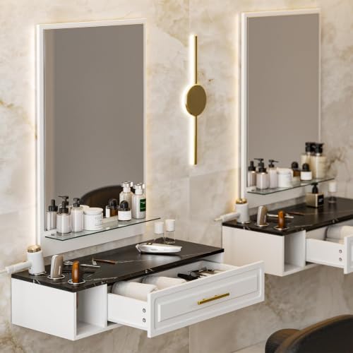 Wall Mount Barber Station with Mirror, Mounted Salon Station Styling Station w/Drawer, Dryer Holders &amp; Glass Shelf, Beauty Barber Spa Equipment for Hair Stylist(White-New)