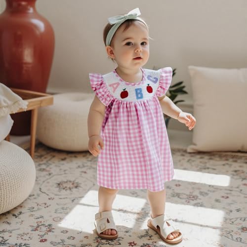 Toddler Girl Back to School Outfit Pencil Embroidery Plaid Sleeveless Ruffle Smocked Dress Kids First Day of Preschool Dress2