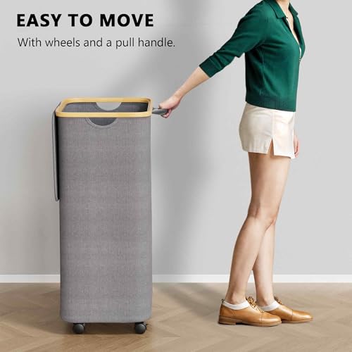 SpaceAid Laundry Hamper with Wheels and Lid, 26 Gal (100L) Rolling Clothes Basket with Bamboo Handle, Large Laundry Hamper for Bedroom, Bathroom, Dorm, Laundry Room - Grey