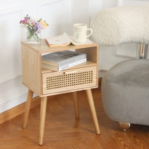 MaxSmeo Modern Nightstand Rattan Side End Table with Storage, for Living Room, Bedroom and Small Spaces, Accent Bedside Farmhouse Tables with Solid Wood Legs, Easy Assembly (Natural Walnut) - Image 2