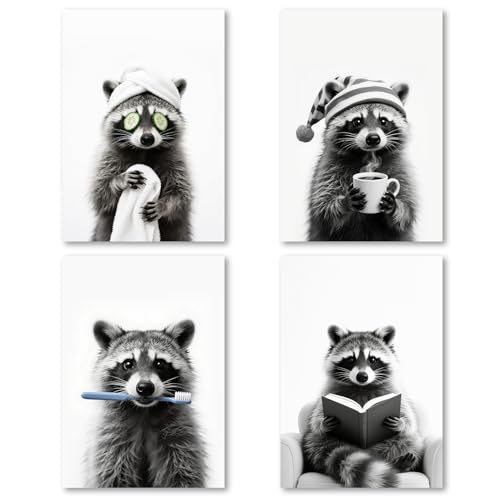 4 Stück Waschbär Wanddeko, Badezimmer Deko Bild, Lustiges Raccoon Poster, Wandbilder Wohnzimmer Schlafzimmer, Leinwand bilder Wall Decor für WC, Toilette, Büro, Kinderzimmer(Ohne Rahmen,30×21cm)