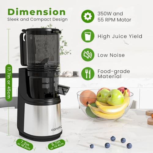 Canoly Cold Press Juicer, 15-Year Warranty, Extra Large Mouth for Whole Fruits, 350w Slow Juicer, Easy to Clean, Easy to Assemble, BPA-Free, Sleek and Metal Finish, High Juice Yield