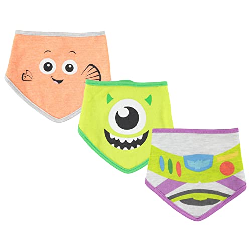 Image of Happy Threads Disney Baby Unisex Bandana Bib 3-Pack - Baby Bibs Featuring Buzz Lightyear, Mike Wazowski & Marlin (Orange/Green/Grey, 0-12M)