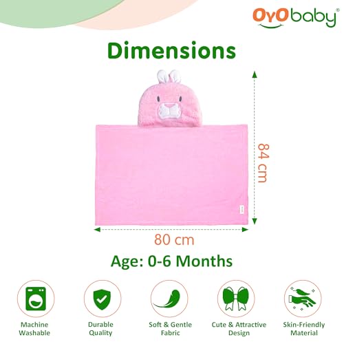 Image of OYO BABY Fleece Newborn Baby Blanket Combo - Hooded Baby Wrapper with Funny Cap, Bath Towel & Blanket (0-12 Months, 84x80 + 72x68), Pack of 2 - Pink Kitty & Rabbit