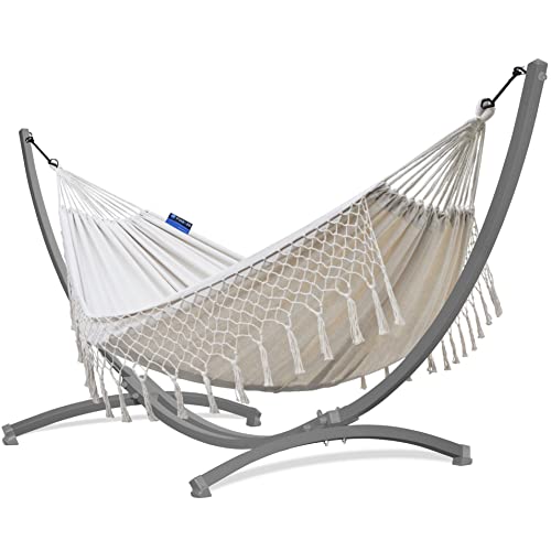 Potenza Outdoor Hängematte mit Gestell für 2 Personen I Baumwolle Doppelhängematte XXL 220x160, 200kg I Hängemattengestell 220kg, wetterfest (Santia - Ecru, Gestell Grau)