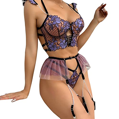 Lingerie Noël sexy ensemble trois-pièces en dentelle avec chaîne métal