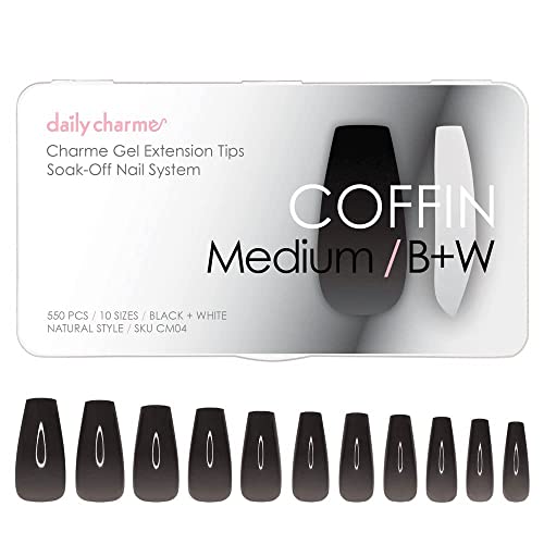 Daily Charme Gel Nail Extension Tips (Coffin Medium, Black & White) 550 pcs, 10 sizes, Pre-shaped Extension Tips, False Nails Gel Tips for Gel Nail Polish Soak Off, Easy DIY Press On Nails