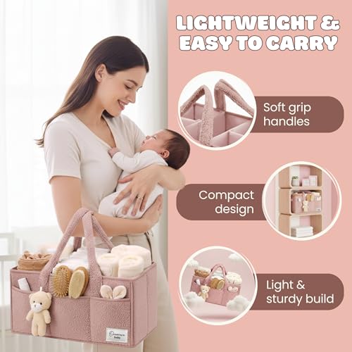 Image of OCEANEVO Cute Fur Diaper Caddy Organizer Bag WITH Luggage Tag AND Bear Charm, Baby Basket Essentials for Newborn Baby Products Storage with Compartments and Handle - 38 x 25 x 18 cm - Model 3 - Pink