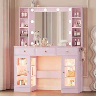 Wodeer Makeup Vanity Desk with Mirror and Lights, Pink Vanity with Glass Top, LED Lights & Power Outlet, 3 Drawers & 2 RGB Glass Cabinets, Adjustable Lighted Dressing Table for Women & Girls Bedroom