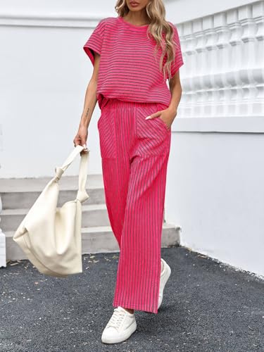Image of Tankaneo Womens Striped 2 Piece Sets Short Sleeve T Shirts Wide Leg Pants Matching Lounge Set with Pockets